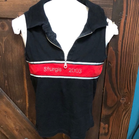 2003 Sturgis South Dakota bling biker Reflective stripe zip sleeveless collared - Picture 1 of 8